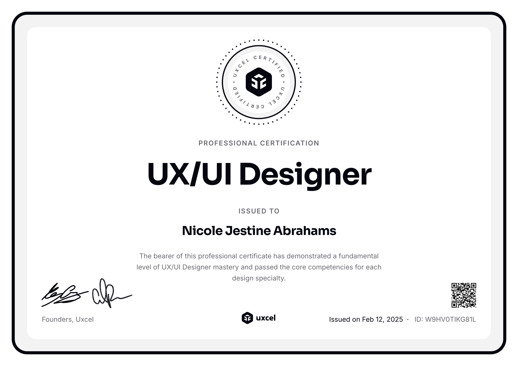 Nicole Jestine Abrahams's certificate